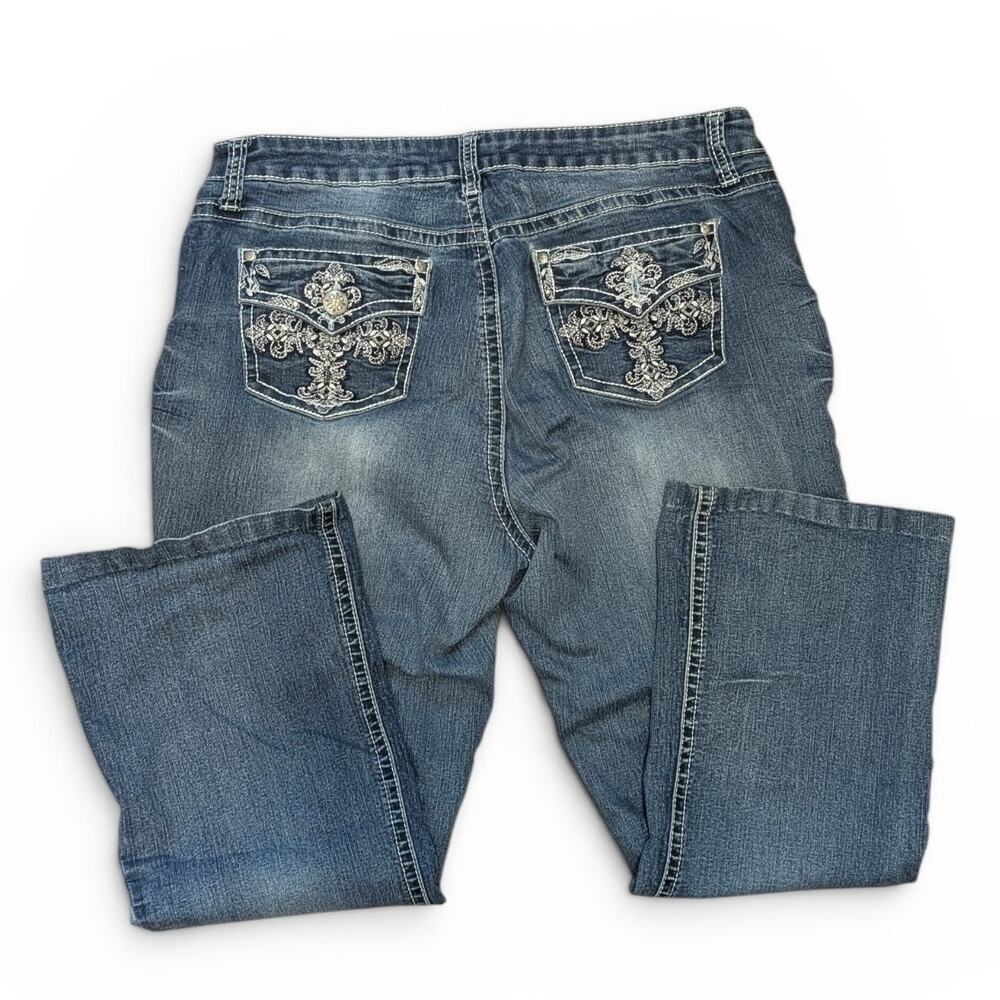 ND Weekend 2000s Y2K Blue Denim Bootcut Jeans With Cross On Pockets